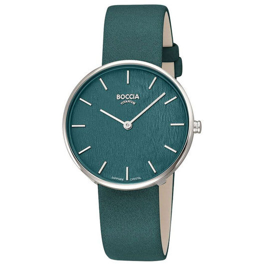 Damen-Armbanduhr BOCCIA mit dunkelgrünem Lederarmband, rundem grünen Zifferblatt und silbernem Gehäuse