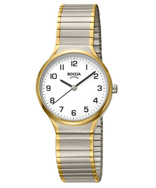 Boccia Damenarmbanduhr mit silber-goldfarbenem Metallband und weißem Zifferblatt, Analoganzeige