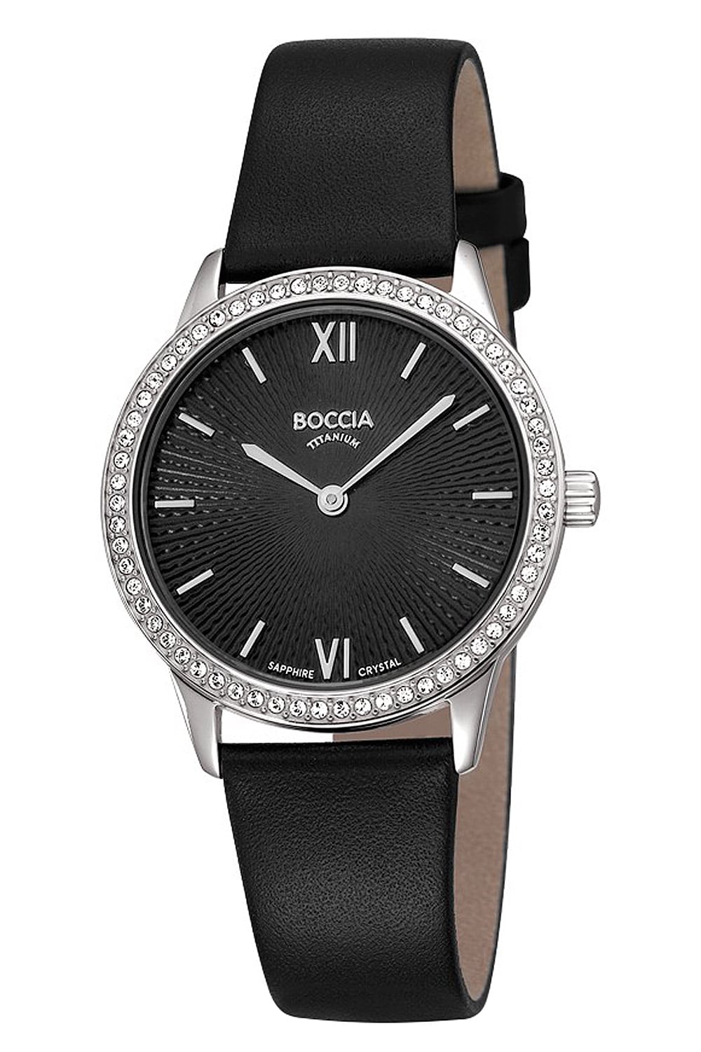 Boccia 3382-01 Damen Armbanduhr • Titan mit Saphirglas • Schwarzes Lederband