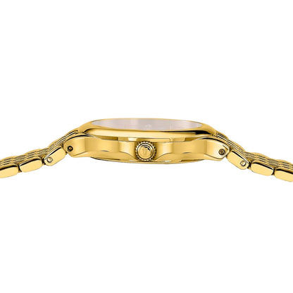Damenuhr Ansicht von der Seite: goldfarbenes Gehäuse mit Krone und Gliederarmband