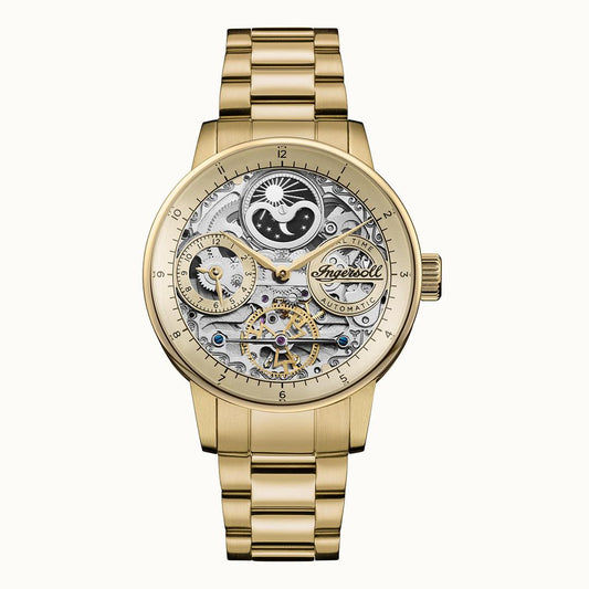 Herrenarmbanduhr mit goldfarbenem Metallband, skelettiertem Zifferblatt mit Mondphase