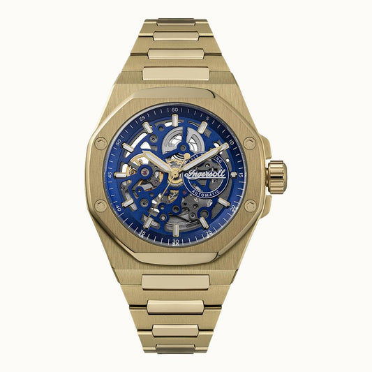 Herren-Armbanduhr mit blauem Skelettzifferblatt und goldfarbenem Metallarmband