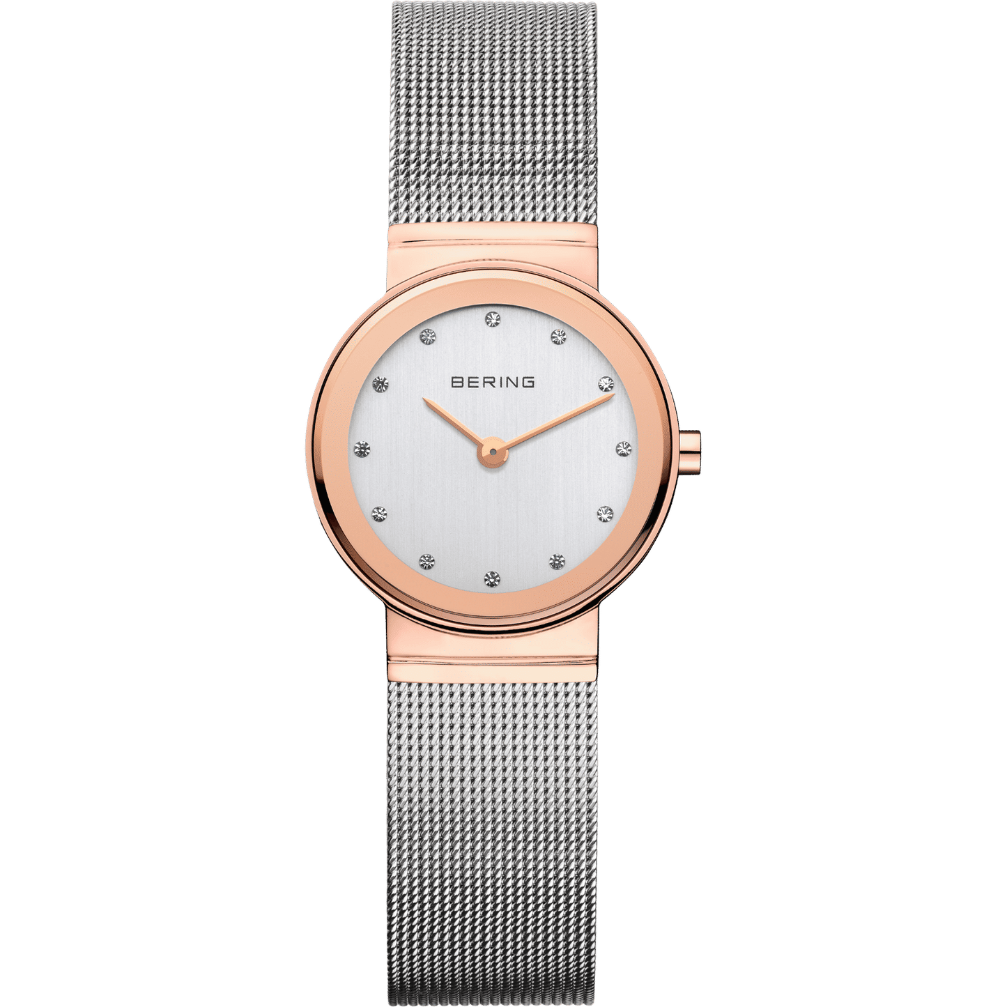 Bering Damenuhr mit roségoldenem Gehäuse, silbernem Milanaise-Armband, hellem Zifferblatt