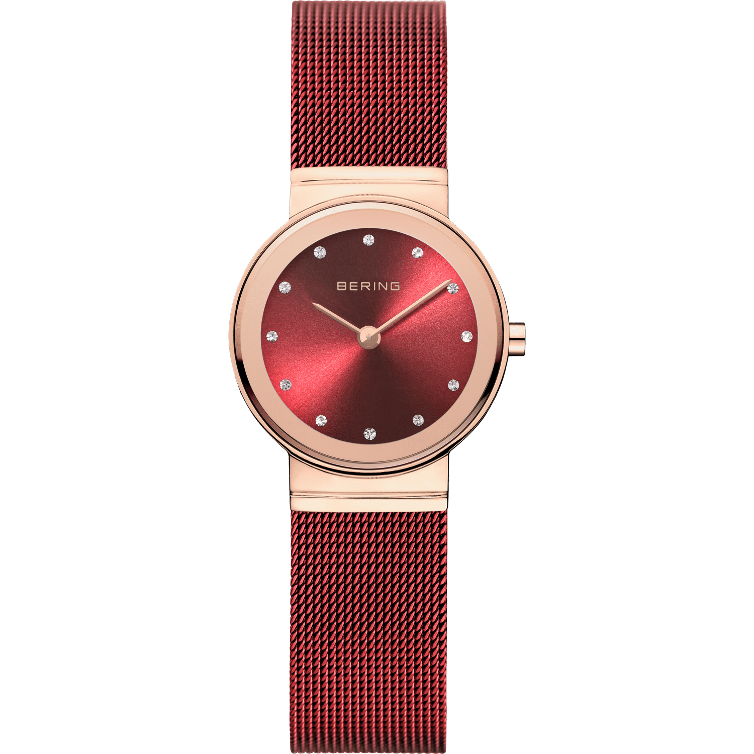 Bering Damenuhr mit rotem Zifferblatt, roségoldenem Gehäuse und Milanaise-Armband