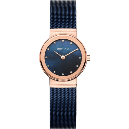 Bering Classic Damenuhr mit blauem Zifferblatt und Milanaise-Armband