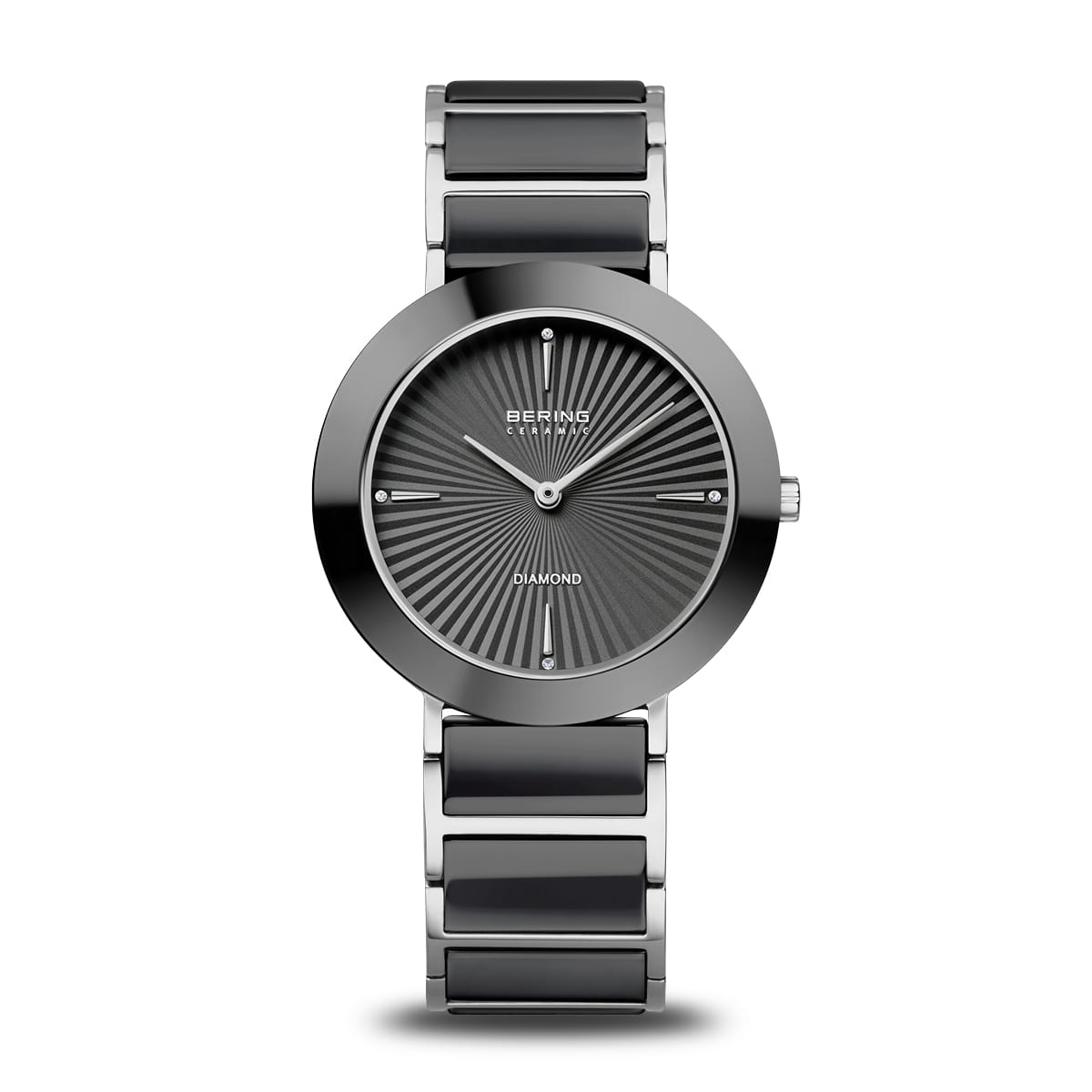 Bering Ceramic 11435-702 Damenuhr Schwarz-Silber • Saphirglas • Vier echte Diamanten
