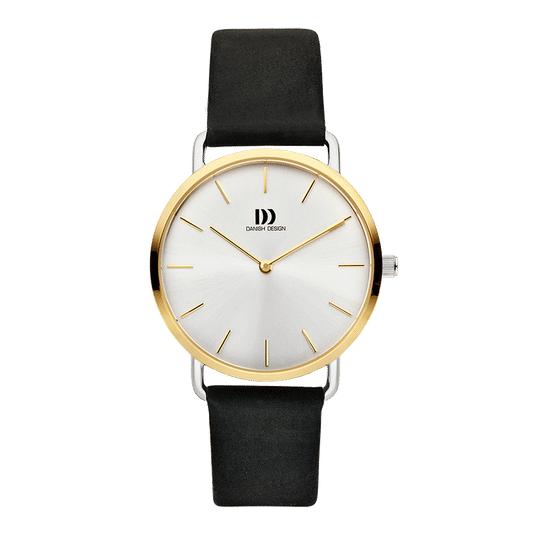 Damen-Armbanduhr mit weißem Zifferblatt, goldenen Zeigern und schwarzem Lederarmband