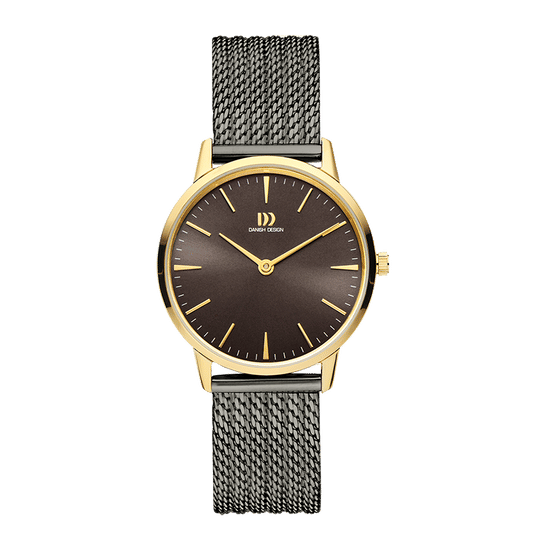 Damenuhr mit grauem Mesh-Armband, goldfarbenem Gehäuse und dunklem Zifferblatt