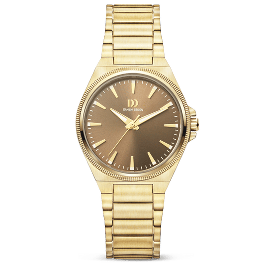 Goldfarbene Damenuhr mit braunem Zifferblatt, Leuchtindexen und Metallgliederarmband