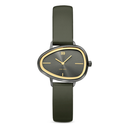 Danish Design Damenarmbanduhr Elvsten mit dunklem Zifferblatt und grünem Lederband