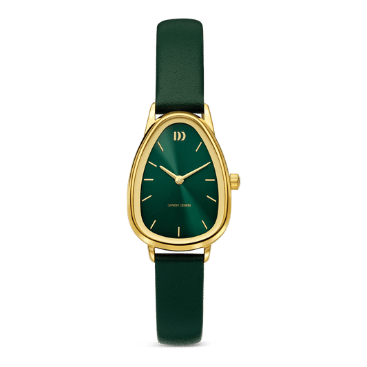 Damenuhr mit grünem Lederarmband und goldfarbenem Gehäuse, rundes Zifferblatt