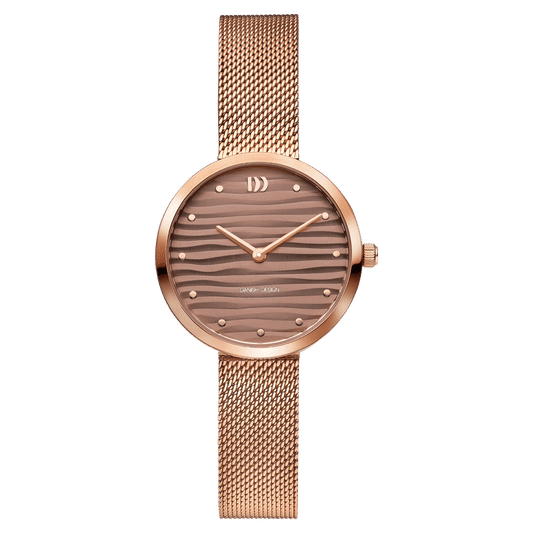 Damenuhr mit roségoldfarbenem Mesh-Armband und rundem Zifferblatt mit Wellenmuster