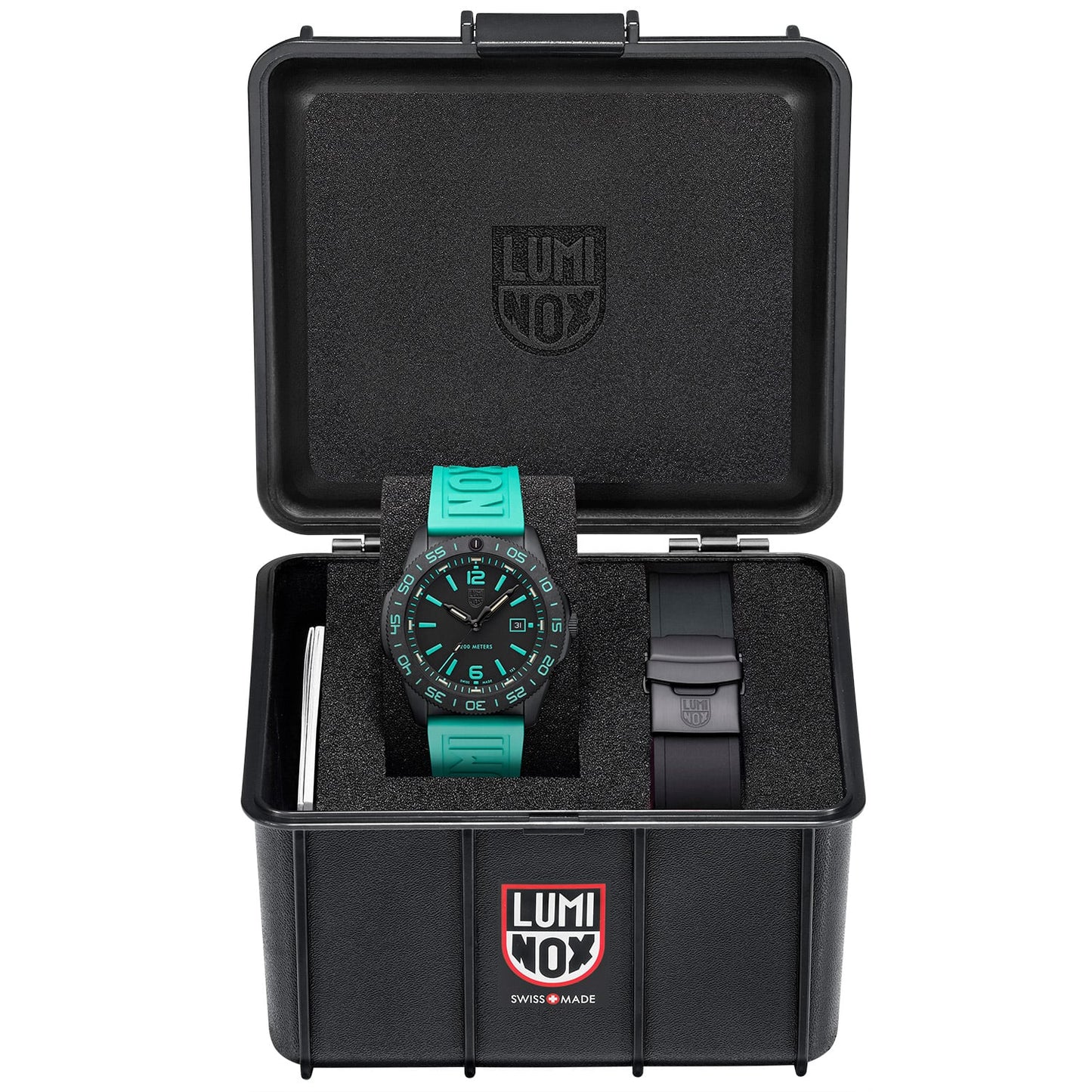 Luminox Herrenuhr im Aufbewahrungskoffer mit schwarzem Einsatz und türkisfarbenem Band