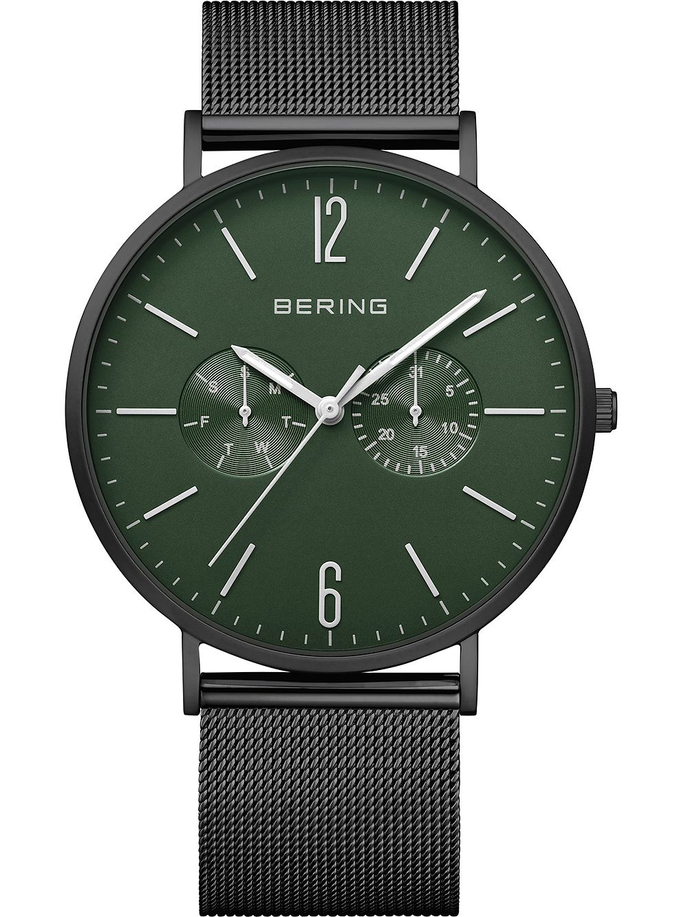 Bering Classic 14240-128 Herren Armbanduhr Grün-Schwarz • Meshband aus Edelstahl • Multifunktions-Quarzwerk