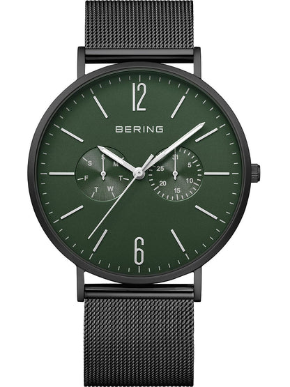 Bering Classic 14240-128 Herren Armbanduhr Grün-Schwarz • Meshband aus Edelstahl • Multifunktions-Quarzwerk