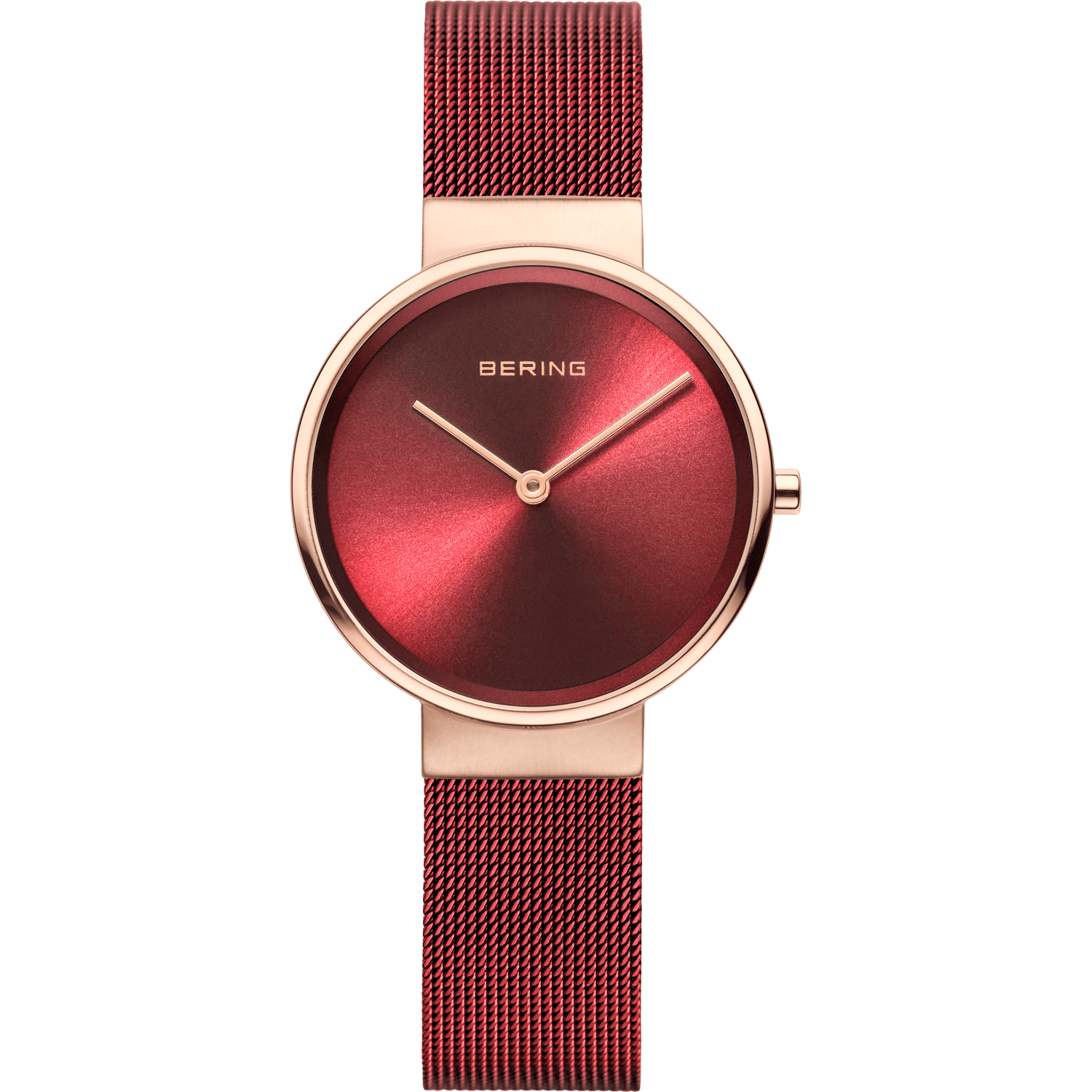 Bering Damenuhr mit rotem Zifferblatt und roségoldfarbenem Milanaise-Armband
