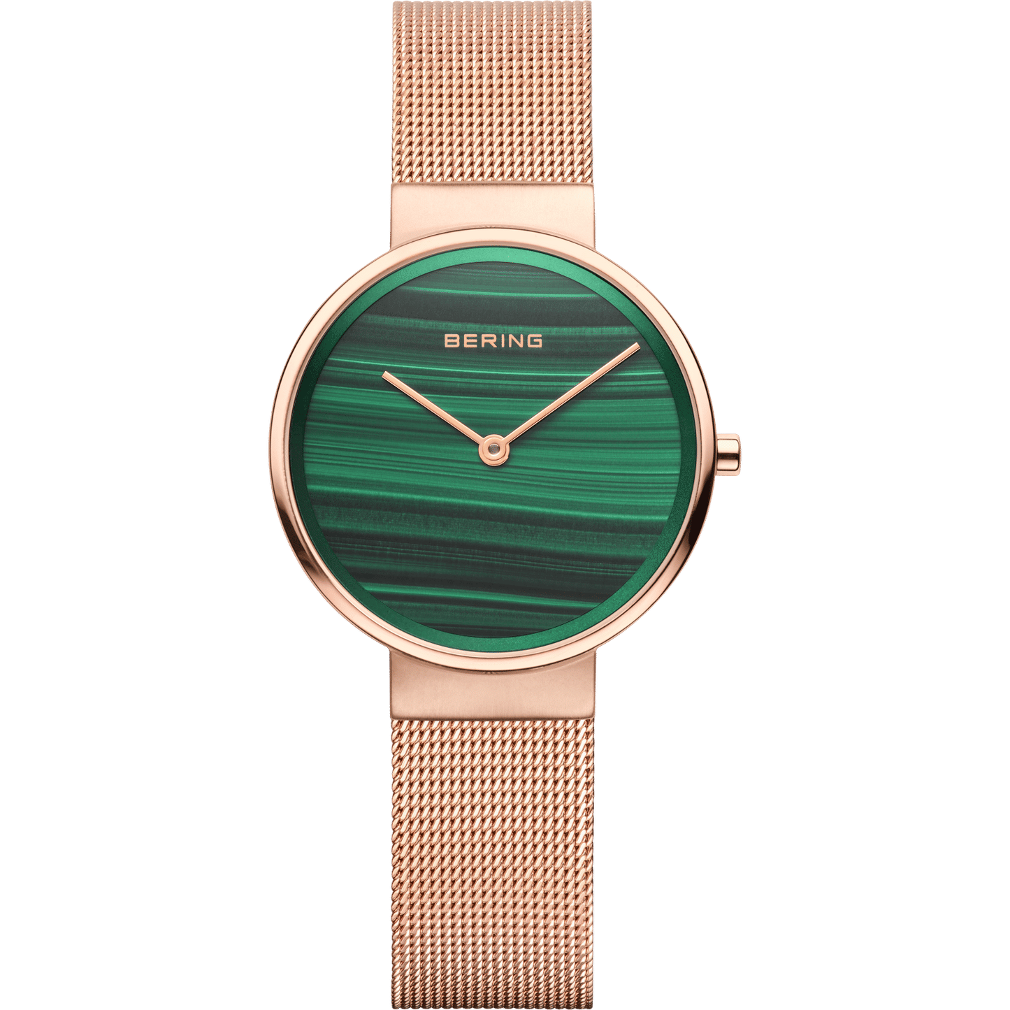 Bering Classic Damenuhr mit grünem Zifferblatt und roségoldenem Milanaise-Armband