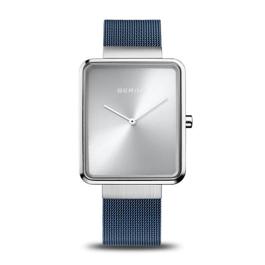 Bering Herrenarmbanduhr mit silbernem, rechteckigem Gehäuse und blauem Milanaiseband