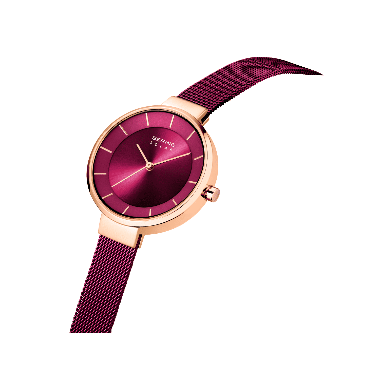 Bering Damen-Armbanduhr mit roségoldenem Gehäuse und bordeauxrotem Milanaiseband