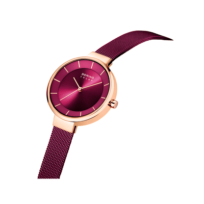 Bering Damen-Armbanduhr mit roségoldenem Gehäuse und bordeauxrotem Milanaiseband