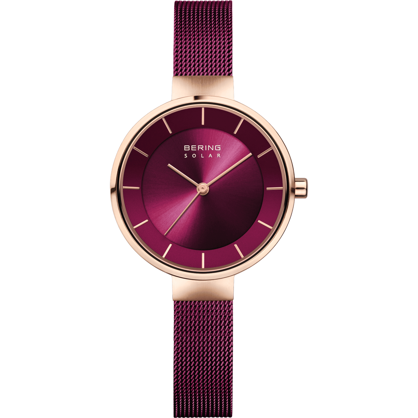 Bering Damen-Armbanduhr mit roségoldenem Gehäuse, violettem Zifferblatt und Milanaiseband