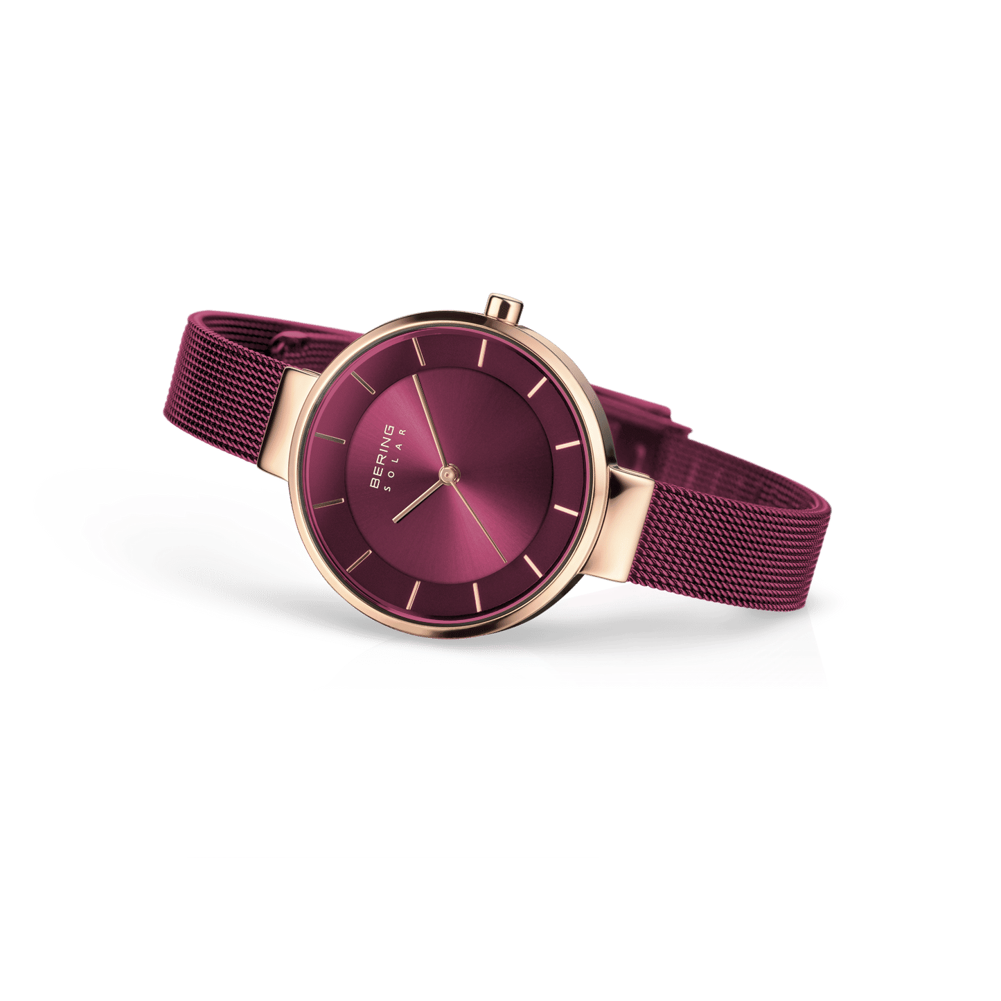 Bering Damen-Armbanduhr mit violettem Zifferblatt, roségoldenem Gehäuse und Meshband