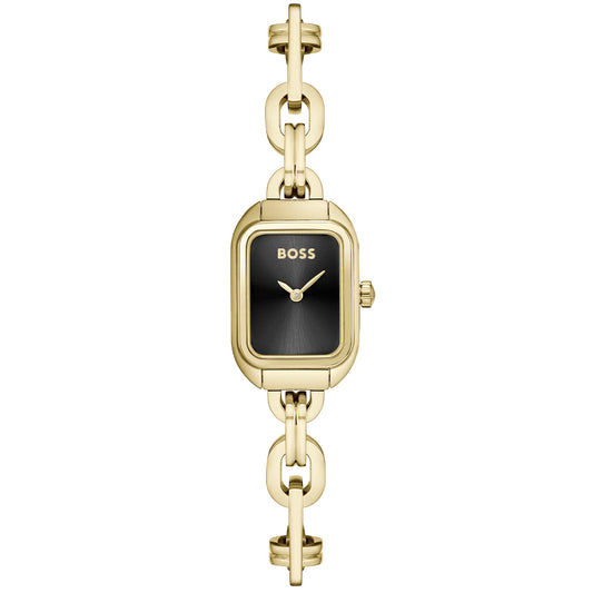 Damenarmbanduhr mit goldfarbenem Gliederarmband und schwarzem Zifferblatt