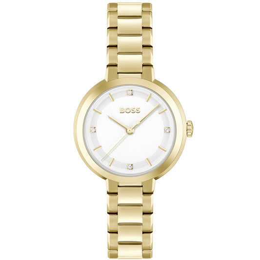 Damenarmbanduhr mit goldenem Gliederarmband, rundem Gehäuse und weißem Zifferblatt