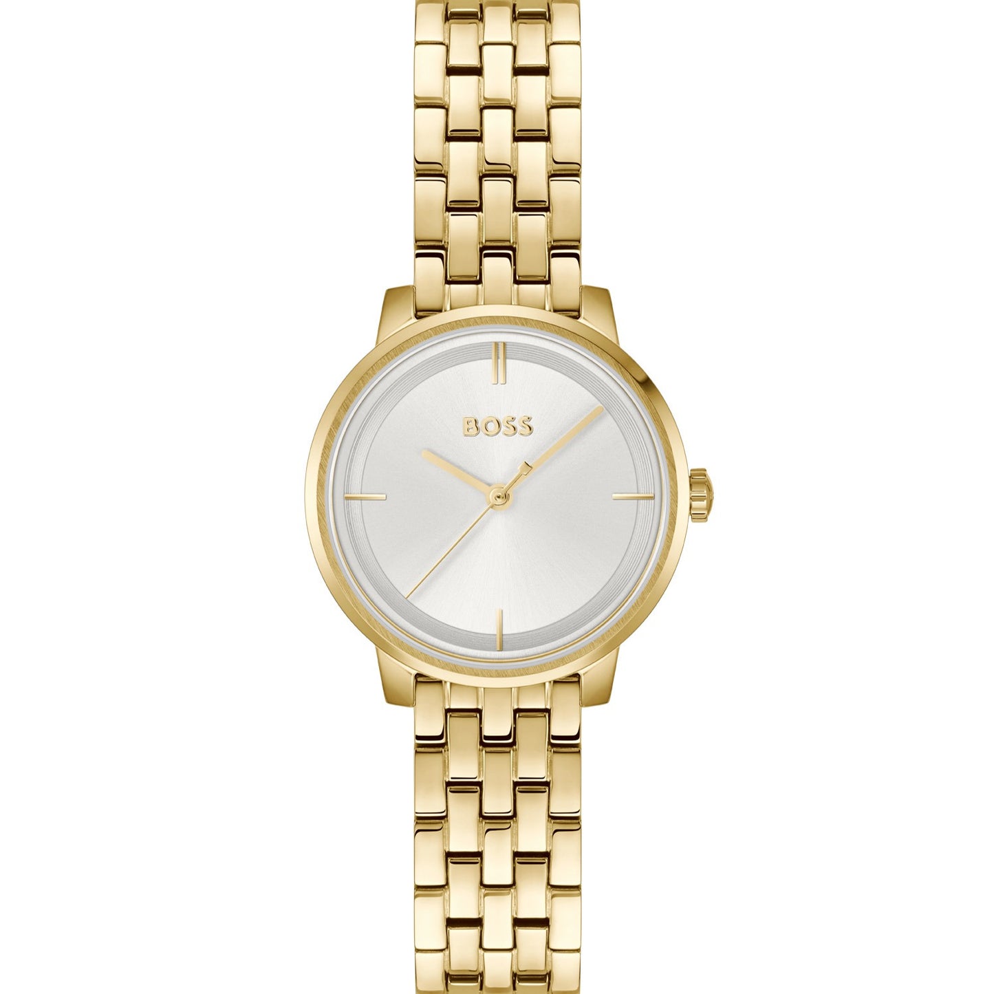 Goldfarbene Damenarmbanduhr mit rundem Zifferblatt und Metallgliederarmband, BOSS Logo