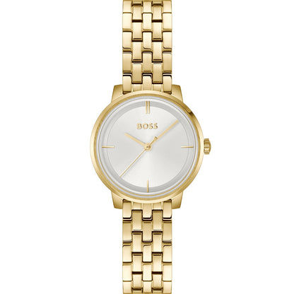 Goldfarbene Damenarmbanduhr mit rundem Zifferblatt und Metallgliederarmband, BOSS Logo