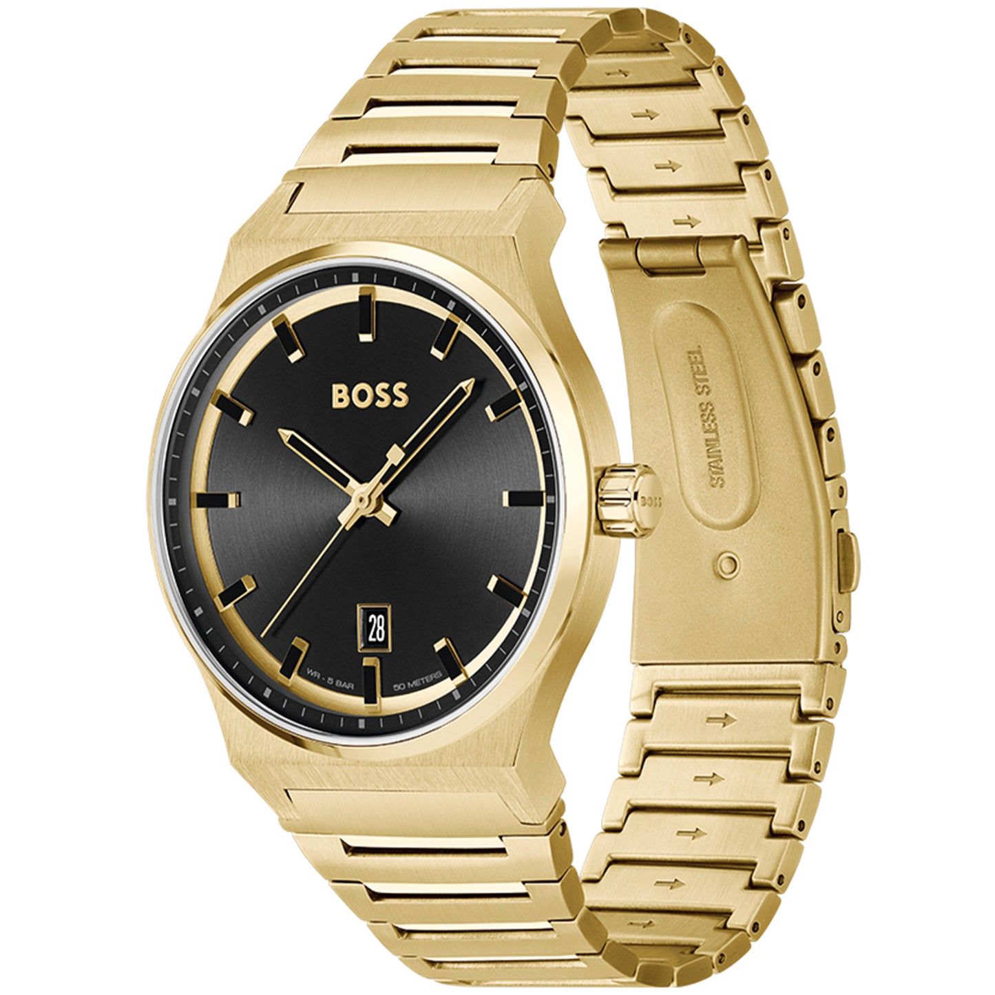 Goldfarbene Damenarmbanduhr mit schwarzem Zifferblatt, Zeigern und Datumsanzeige