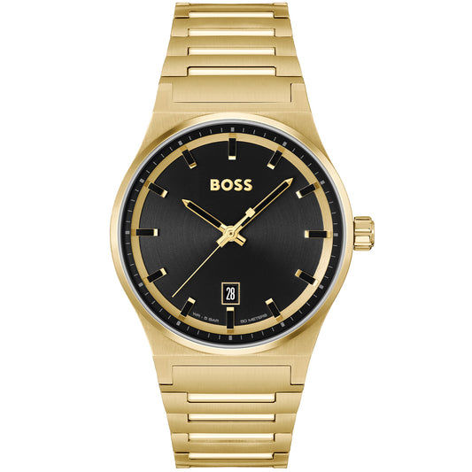 Elegante Damenarmbanduhr mit goldfarbenem Metallarmband und schwarzem Zifferblatt