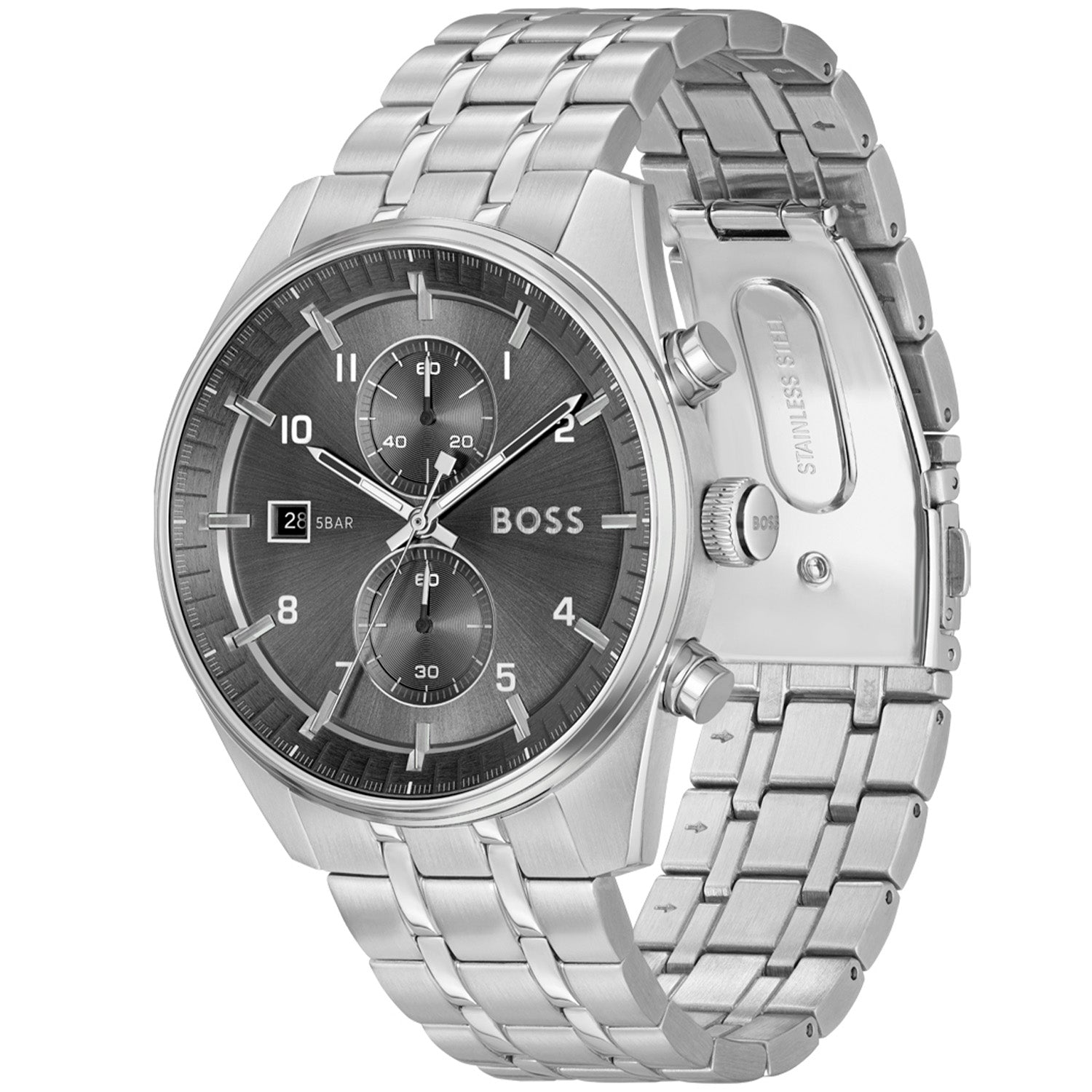 Zegarek chronograf z szarą tarczą, bransoletą ze stali szlachetnej i tachymetrem na lunecie