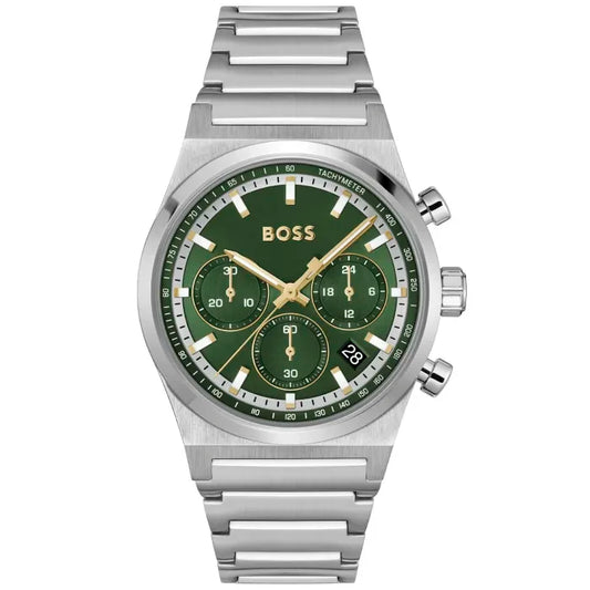 BOSS Herren-Armbanduhr mit Chronograph, silberfarbenem Edelstahlband und grüner Ziffernblattfarbe