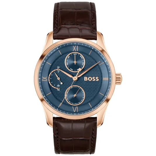 Herrenarmbanduhr BOSS mit roségoldfarbenem Edelstahlgehäuse, blauem Zifferblatt & Lederarmband