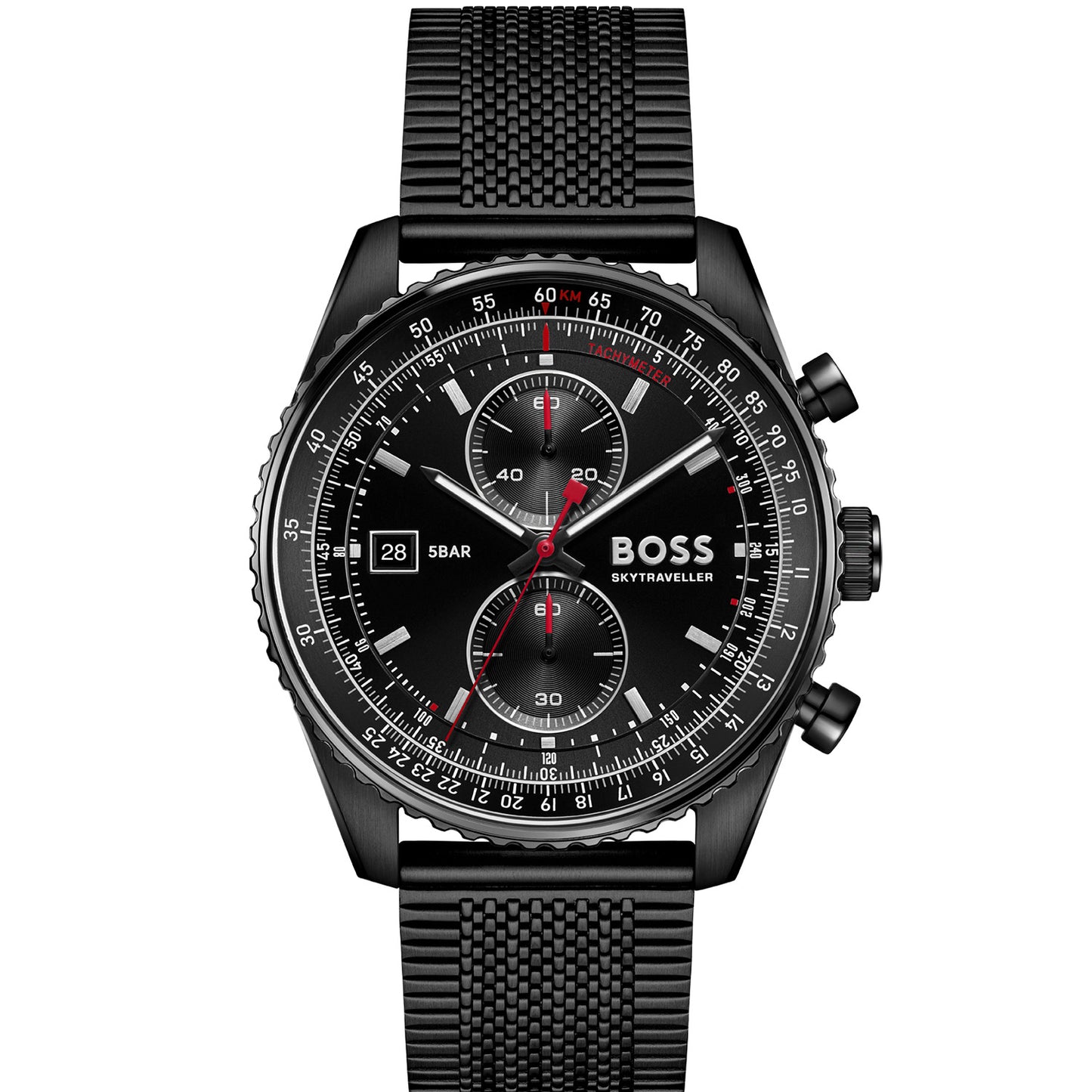 Herren-Chronograph mit Tachymeter von BOSS, schwarzes Zifferblatt, Mesharmband
