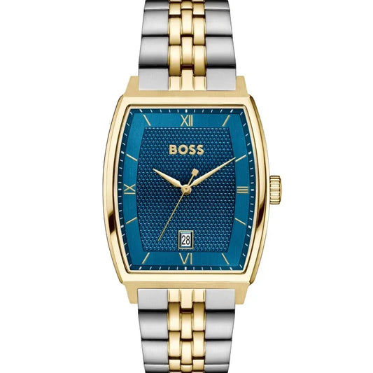 BOSS Herren-Armbanduhr mit blauem Zifferblatt, goldfarbenem Gehäuse und zweifarbigem Metallband