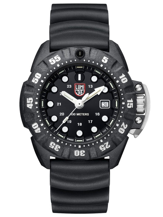 Luminox Herren-Armbanduhr, schwarzes Zifferblatt mit Datumsfenster, Tauchskala, schwarzes Kautschukband.