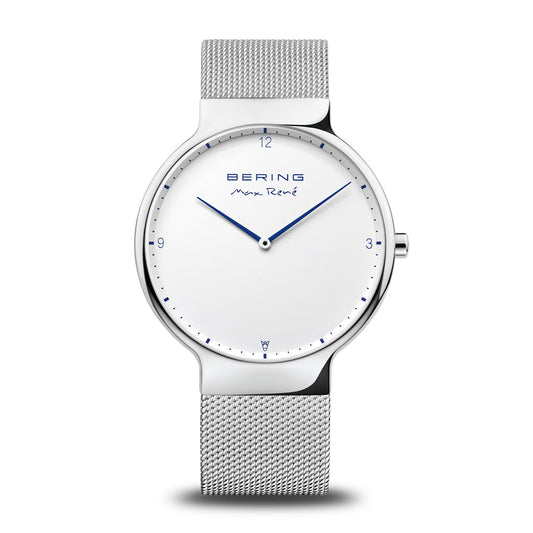 Herrenarmbanduhr BERING Max René mit weißem Zifferblatt und silbernem Mesh-Armband