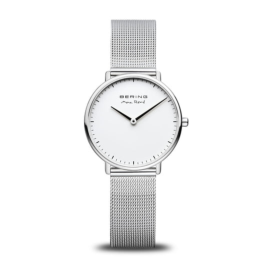 Bering Max René Damenarmbanduhr mit silberfarbenem Milanaise-Armband und rundem weißem Zifferblatt