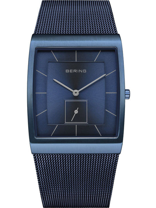Blaue Herrenarmbanduhr mit rechteckigem Zifferblatt und blauem Meshband