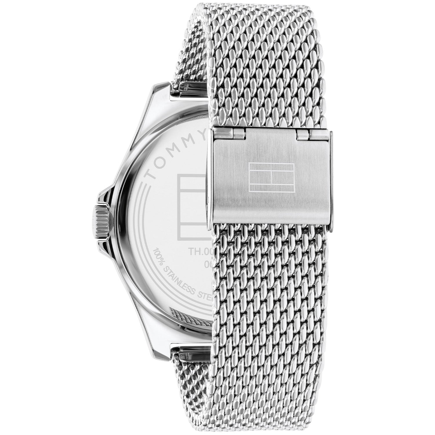 Herrenarmbanduhr, seitliche Ansicht mit Edelstahl-Meshband und silbernem Gehäuse