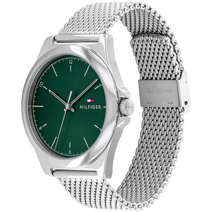 Herrenarmbanduhr mit grünem Zifferblatt und silberfarbenem Mesh-Armband