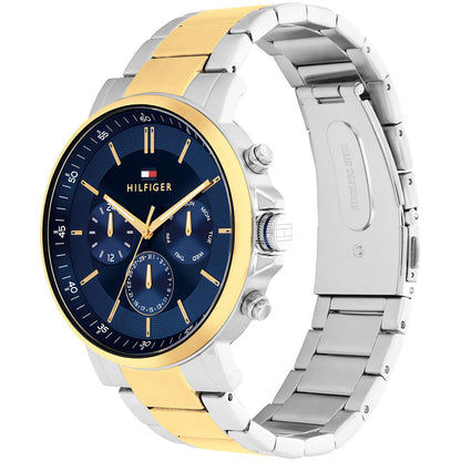 Herrenarmbanduhr schräg: blaues Zifferblatt, bicolor Edelstahlband, sichtbare Drücker