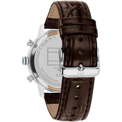 Tommy Hilfiger Chronograph-Uhr Rückseite mit braunem Lederband und Edelstahlgehäuse