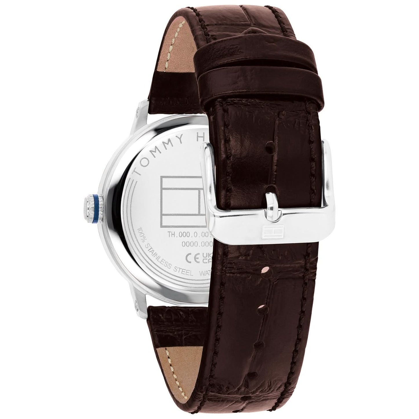 Tommy Hilfiger Uhr mit silberner Gehäuserückseite und braunem Lederarmband mit Dornschließe