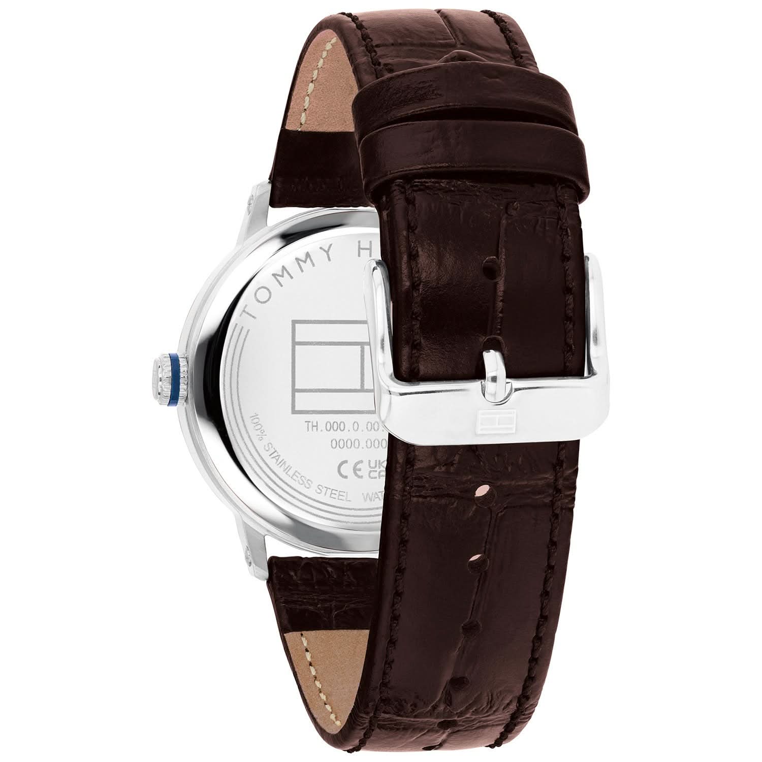 Tommy Hilfiger Uhr mit silberner Gehäuserückseite und braunem Lederarmband mit Dornschließe