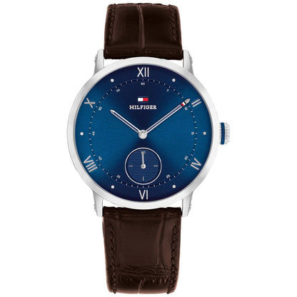 Tommy Hilfiger Herrenuhr mit blauem Zifferblatt, silbernem Gehäuse und dunkelbraunem Lederarmband