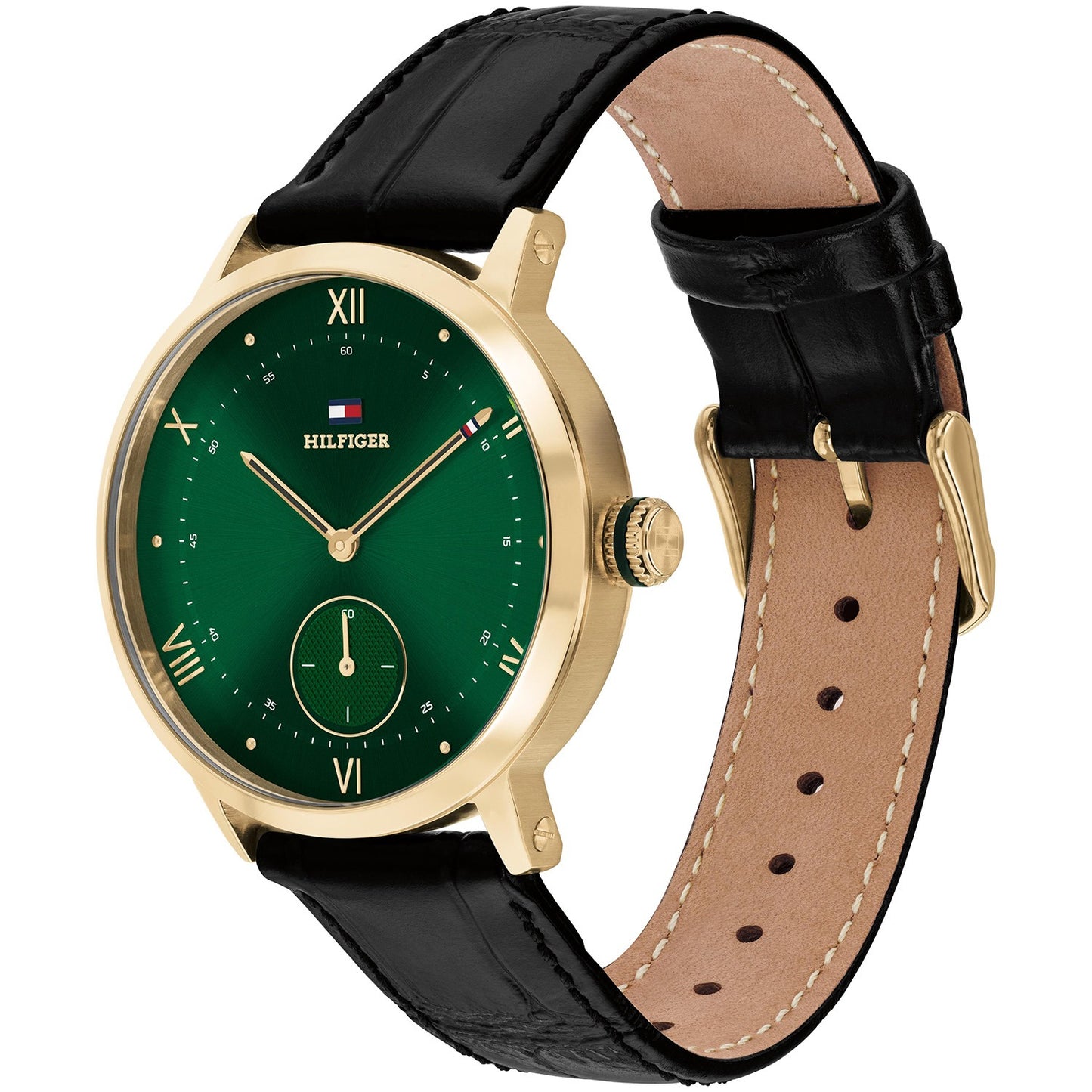 Herrenarmbanduhr Vorder- und Seitenansicht: smaragdgrünes Zifferblatt, schwarzes Lederband
