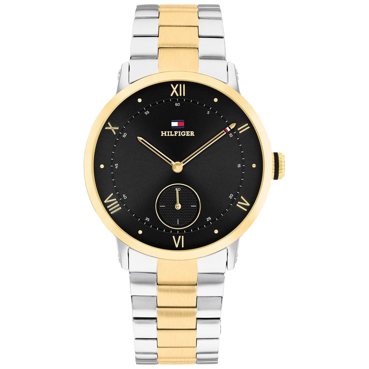 Tommy Hilfiger Herrenuhr mit schwarzem Zifferblatt, goldener Lünette und zweifarbigem Metallarmband